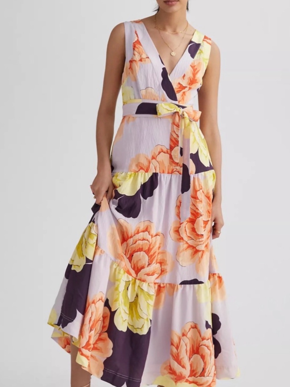 Maeve size 6 Floral Wrap Midi Dress in Lavender with Orange & Yellow Blooms